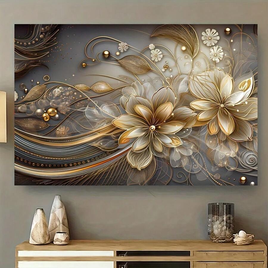 Wooden Framed Elegant Golden Floral Canvas Art, Modern Living Room With Bedroom Wall Decoration, High Quality - 圖案 - 查看 1