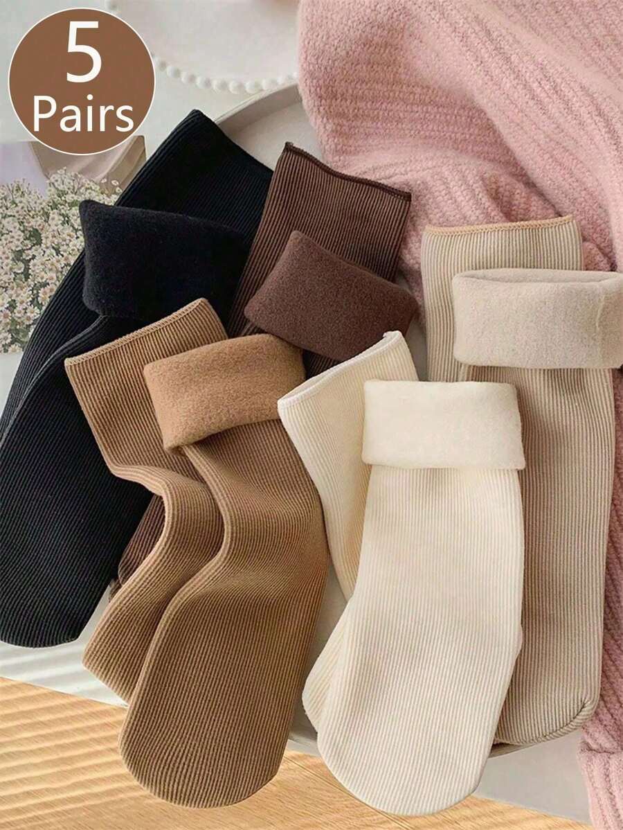 3/5 pares de calcetines de nieve gruesos y cálidos para mujer, unicolor versátil, adecuados para uso en invierno, color aleatorio - Multicolor - Ver 1