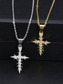 LIGHTSOME 1pc Iced Out Rhinestone Thorn Cross Pendant With Stainless Steel Twist Chain For Men Hip Hop Street Cross Pendant With Rope Chain Jewelry Gift For Couple