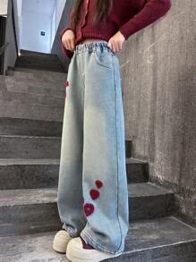 Tween Girl Heart Embroidered Straight Wide-Leg Denim Jeans For Autumn/Spring - Blue - View 4