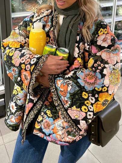 Women Winter Loose Quilted Jacket Floral Print Button Down Long Sleeve Padded Coat Warm Outwear