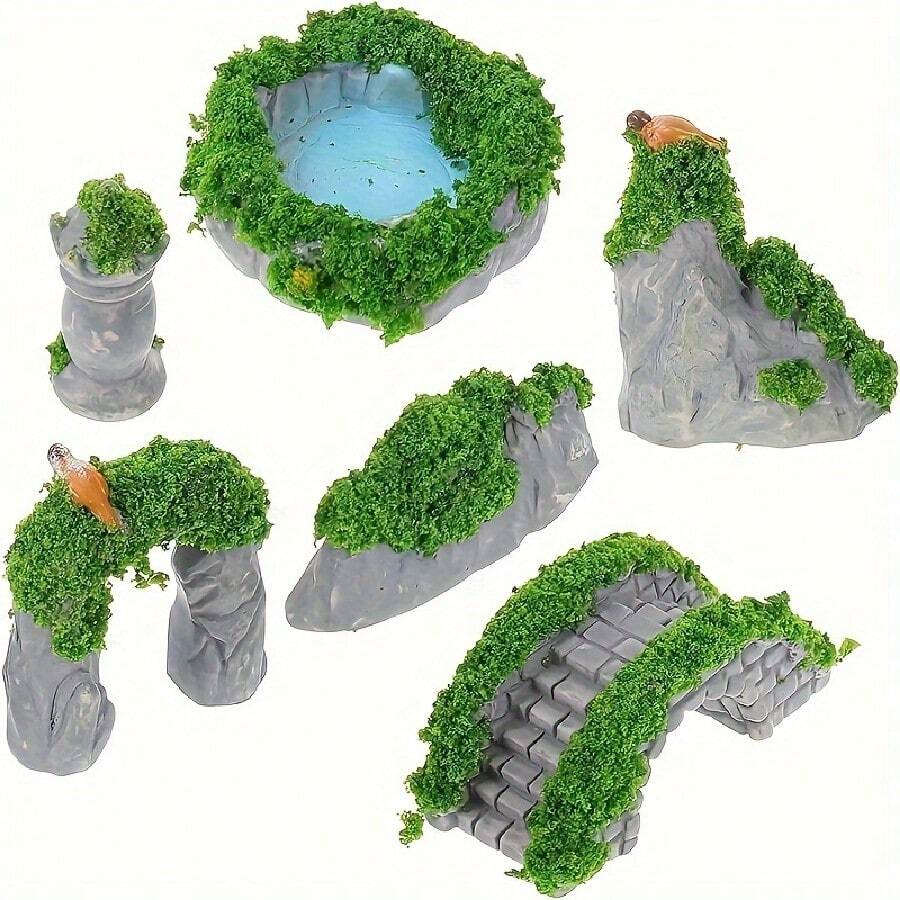 6pcs/Set Compact Resin Rock Mountain Decoration Set With Pond And Bridge, Suitable For Miniature Landscape, Zen Garden And Bonsai, DIY Decor