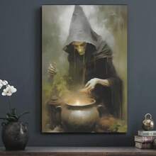 1pc Wooden Framed Canvas PaintingArt Deco Style Witch Halloween Wall Art Canvas Print, Green Witch Brewing Potion Decor, Spooky Ghost Night Themed Canvas For Home, Living Room, Balcony, Party