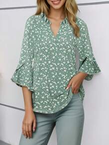 CheersLife Women's Fashion Double-Layer Mesh Blouse, 3/4 Ruffle Flare Sleeve Shirt - Green - View 1