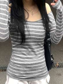 Women's Off Shoulder Tops Slim Striped Long Sleeve Casual T-Shirt For Fall Streetwear