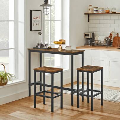 VASAGLE Ensemble de Meubles de Salle à Manger, Table et Tabourets de Bar, Table Petit-Déjeuner avec 2 Tabourets Hauts, Cadre en Acier, Style Industriel, Marron Rustique et Noir d'encre