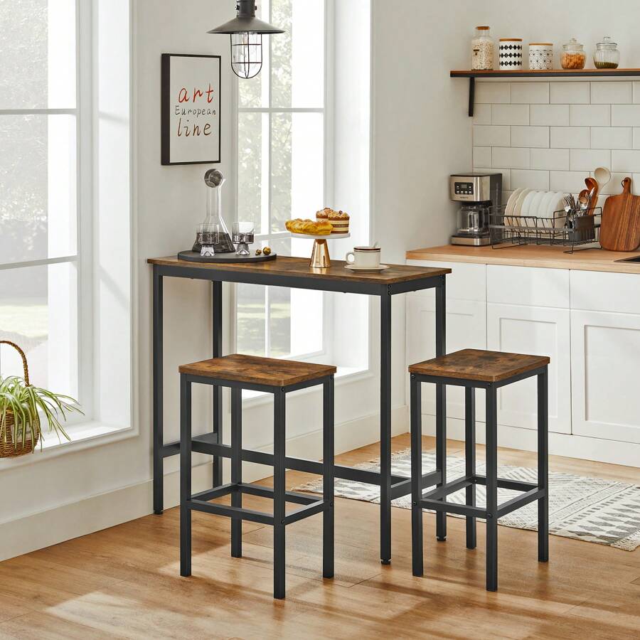 VASAGLE Ensemble de Meubles de Salle à Manger, Table et Tabourets de Bar, Table Petit-Déjeuner avec 2 Tabourets Hauts, Cadre en Acier, Style Industriel, Marron Rustique et Noir d'encre - Marron rustique, noir d'encre - Voir 1
