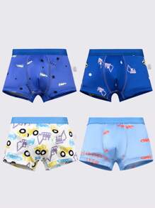 4pcs Young Boy Comfortable Breathable Cartoon Construction Truck Printed Briefs Shorts Set