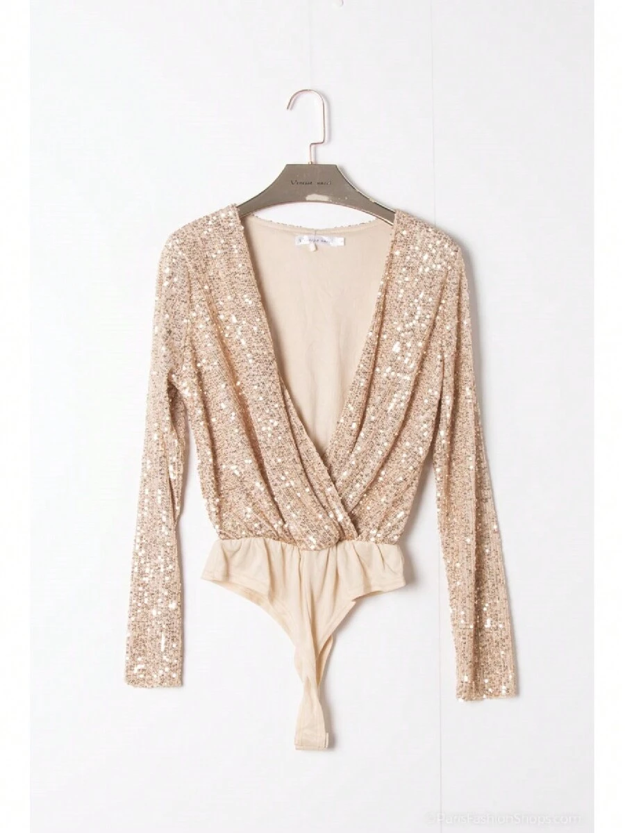 女士时尚亮片连体裤长袖性感闪光 V 领褶皱紧身俱乐部派对连体裤女士基础闪亮服装圣诞新年礼物