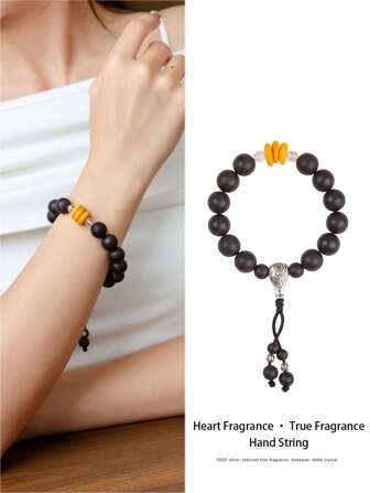  [VE] 1pc 高品质 S925 纯银天然沉香珠手链，配琥珀隔珠，寓意吉祥兴旺。沉香珠散发宁静的香气，使人心平气和，琥珀珠外观温暖有光泽，象征财富和纯洁。优雅高贵的设计，非常适合佩戴和收藏。珠宝颜色随机