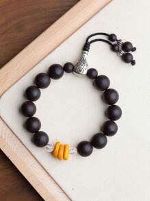 [VE] 1 pièce Bracelet de perles en bois d'agar en argent sterling 925 de haute qualité, avec des perles entretoise en ambre, symbole d'heureux présages et de prospérité. Les perles en bois d'agar dégagent une fragrance apaisante pour calmer l'esprit, et les perles en ambre ont une apparence chaude et brillante symbolisant la richesse et la pureté. Un design gracieux et noble, excellent pour le porter et la collection. La couleur du bijou est aléatoire - bracelets - Voir 3