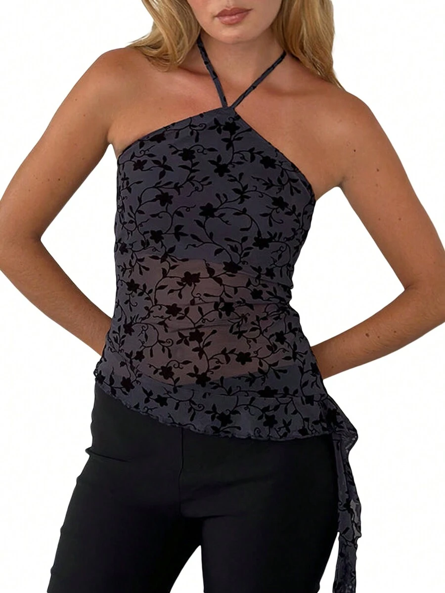 Women's Halter Tops Slim Fit See Through Sleeveless Backless Irregular Hem Flower Print Crop Tops For Summer - Black - View 1