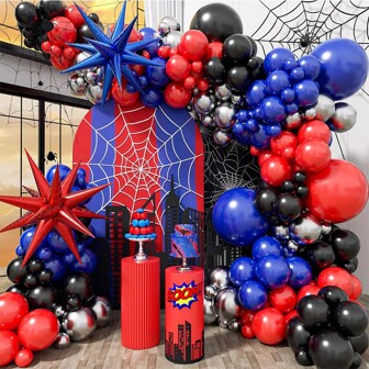 Kit de arco de globos de látex en negro, rojo, azul y plateado, guirnalda de globos con tema de superhéroe araña y globos de lámina de estrella para decoración de fiesta de cumpleaños de hombre