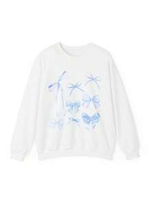 Women Sweatshirt, Long Sleeve Crew Neck Bow Print Hoodie Pullover Casual Fall Tops - 白色 - 查看 4