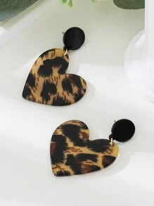 1 Pair Vintage Leopard Print Acrylic Heart Shaped Drop Earrings For Women Valentines,Mom,Mother,Mother's Day,Gift