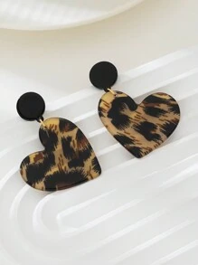 1 Pair Vintage Leopard Print Acrylic Heart Shaped Drop Earrings For Women Valentines,Mom,Mother,Mother's Day,Gift