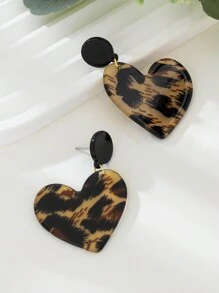 1 Pair Vintage Leopard Print Acrylic Heart Shaped Drop Earrings For Women Valentines,Mom,Mother,Mother's Day,Gift
