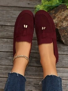 女士金属装饰软底休闲绒面平底鞋，春秋，乐福鞋 - 酒紅色 - 查看 2