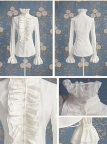 Women Vintage Victorian Shirts Stand Collar Frilly Ruffle Button Down Blouses Retro Flared Sleeve Tops - White - View 7