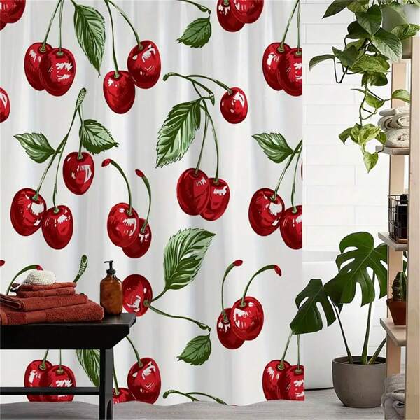 Cherry Print Waterproof Shower Curtain With 12 Hooks, Machine Washable, Water-Resistant Polyester Fabric, Woven Artsy Design, Includes Hook, Other Patterns Home Bathroom Decor Fall Decor Bathroom Accessories Back To School
