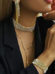 1 pereche de cercei + 1 colier + 1 brățară Set bijuterii elegant negru aur placat cu argint încrustat cu strass în mai multe culori pentru a alege ținutele de zi cu zi