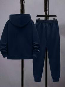 2pcs/Set Tween Boys Casual Outdoor Sports Hoodie Jacket And Fleece Sweatpants Set, Solid Color, High Value, Spring/Autumn - Navy Blue - View 2