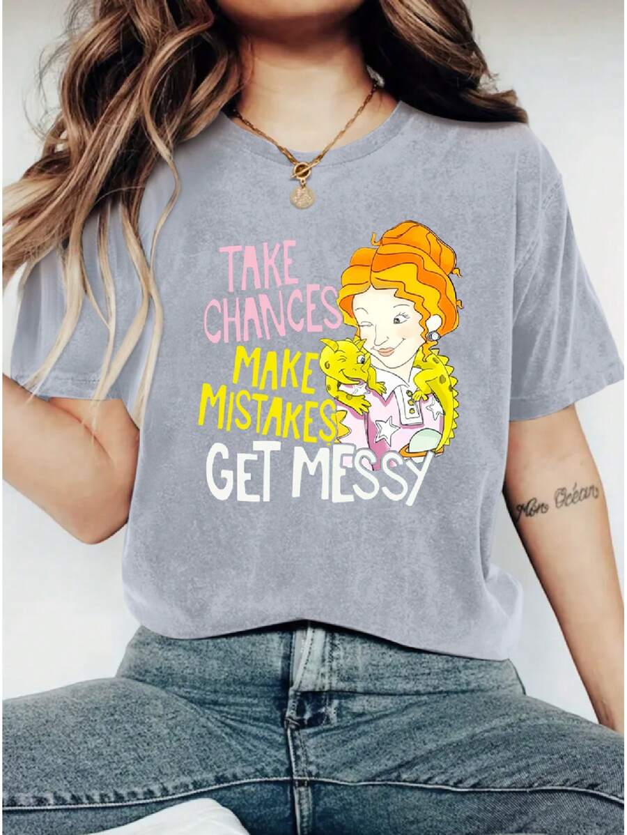 Crew Neck T-Shirt - Fashionable Womens Graphic Print T-Shirt - Casual Short Sleeve Crew Neck Top - Lightweight & Breathable For Spring & Summer Wardrobe - Màu Xám nhạt - Xem 1