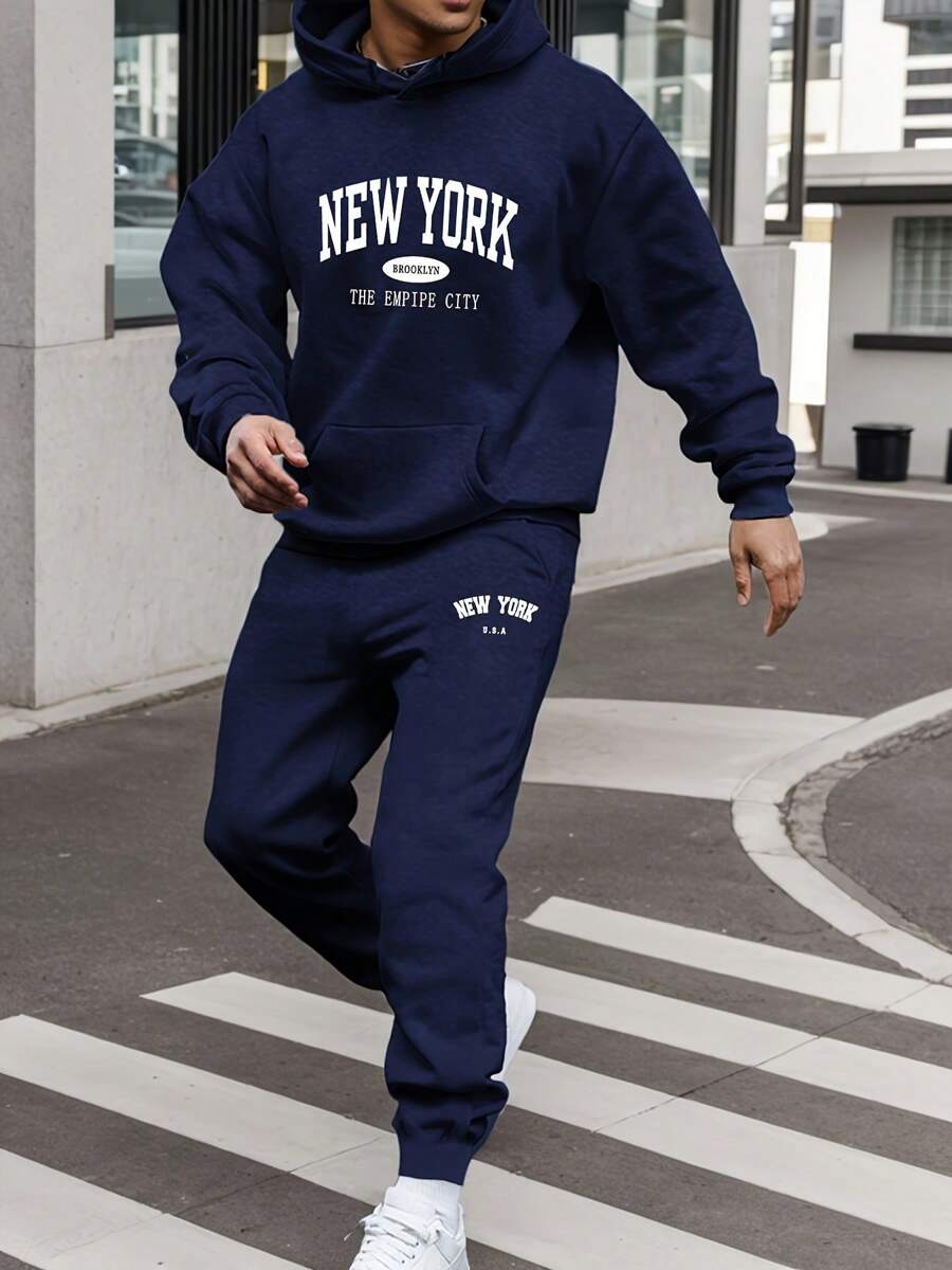 Men's New York Printed Hoodie Sportswear Set - Polyester Sportswear Set With Pocket, Long Sleeve, Loose Style, Knitted Fabric, Autumn/Winter, Slightly Elastic - 藍色 - 查看 1