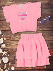 Girls' Set Of Cropped Blouse And Ruffled Skirt. Ready For Delivery. - 淺粉色 - 查看 2