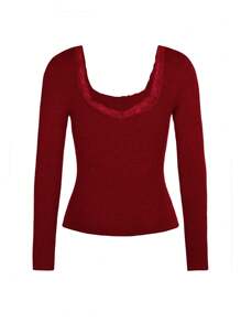 GAOVOT Women's T-Shirt Y2K Autumn/Winter Sexy Casual Solid Color Lace Square Collar Knit Long Sleeve Red New Year Top - Red - View 11