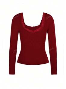 Women's T-Shirt Y2K Fall Women Back To School Clothes Sexy Casual Solid Color Lace Lace Square Neck Knitted Long-Sleeved Top