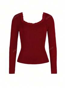 Women's T-Shirt Y2K Fall Women Back To School Clothes Sexy Casual Solid Color Lace Lace Square Neck Knitted Long-Sleeved Top