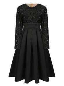 GLOURI Elegant Satin Midi Dress For Women, Velvet Sequin Contrast, A-Line, Long Sleeves, Crew Neck, No Belt, Holiday Party Dress, Christmas Dress, No Padding, Regular Fit, Solid Color - 黑色 - 查看 2