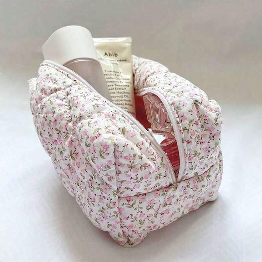 1 Pc Flower Printed Zipper Makeup Bag Storage Organizer Makeup Accessory Toiletry Handbag Cosmetic Pouch Large Travel Cosmetic Bag