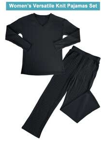 Women's Pajamas Sets Long Sleeve 2 Pieces Lounge Ribbed Knit Top And Long Pants Set V Neck Sweater Sleepwear Loose Loungewear Fall Winter Matching Outfits Clothes - 黑色 - 查看 6