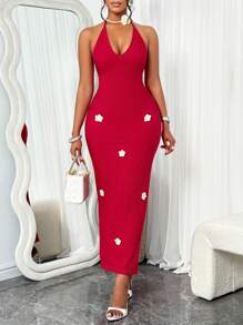 Robe femme à col en V profond rouge romantique, sans manches, style ras-du-cou avec décoration de fleurs 3D, pour les vacances/rendez-vous, style long