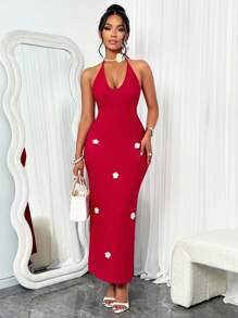 Robe femme à col en V profond rouge romantique, sans manches, style ras-du-cou avec décoration de fleurs 3D, pour les vacances/rendez-vous, style long
