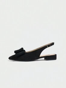 Sandálias femininas de salto baixo de 2,5 cm com laço e decoração de strass, elegantes sapatos de bico fino com tira no tornozelo na cor preta