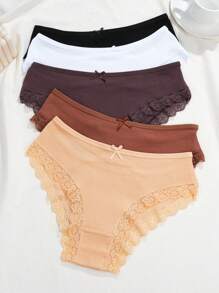 5 件装女士蕾丝拼布透气蝴蝶结装饰三角裤，女士内衣 - 彩色 - 查看 3