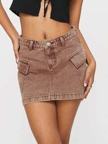 Womens Cargo Denim Skirts Solid Color Mid Rise Mini Jean Skirts With Pockets Casual Streetwear - Brown - View 3