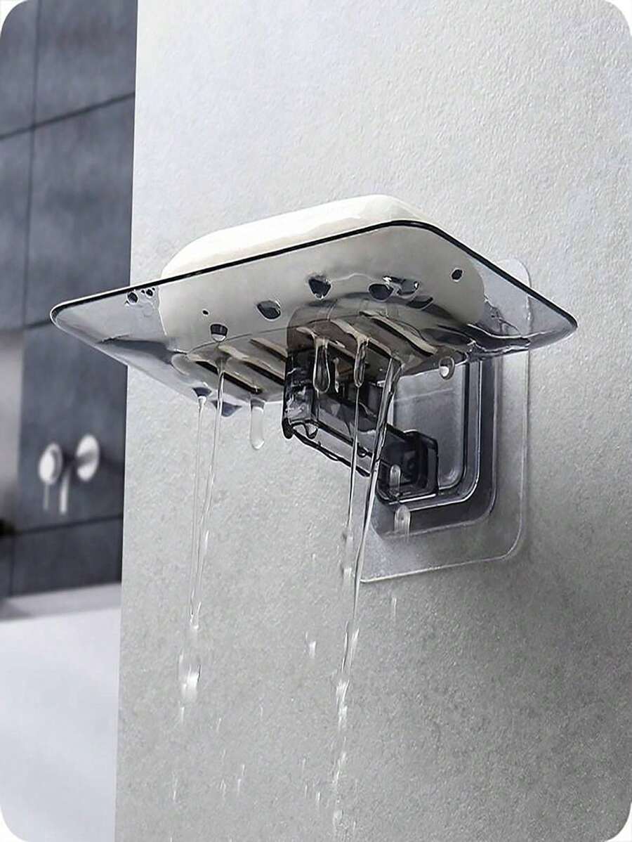 1入浴室用透明壁掛式排水皂盒，不需鑽孔的塑膠皂盤架