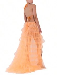 Women Tulle Skirt, Solid Color Mesh Tied-Up Irregular Floor-Length Party Skirt For Wedding Guest - 橘色 - 查看 4