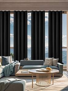 4pcs Black Out Curtains For Living Room Bedroom Balcony, Complete Set - Black - View 1
