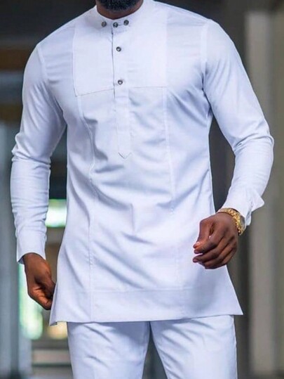 Men's White Dashiki Suit Set, Casual Minimalist Design With Special Collar, 3D Cut, Long Sleeve, Elastic Waist Pants, African Style Outfit, Men's Casual Shirt And Pants 2 Pieces Set, New Style For All Seasons, Street Style, Party, Date, Wedding, Cultural Events