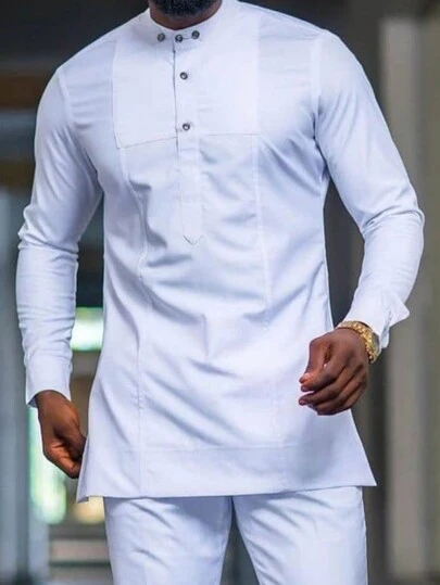 Men's White Dashiki Suit Set, Casual Minimalist Design With Special Collar, 3D Cut, Long Sleeve, Elastic Waist Pants, African Style Outfit, Men's Casual Shirt And Pants 2 Pieces Set, New Style For All Seasons, Street Style, Party, Date, Wedding, Cultural Events