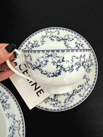 中式复古蓝花陶瓷餐具套装，优雅早餐盘，甜点盘，复古风格咖啡杯碟，下午茶套装返校