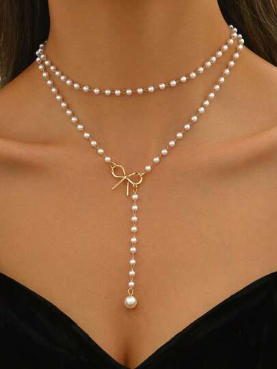 2pcs/Set Romantic Faux Pearl Bowknot Y-Necklace, Fashion Jewelry Gift For Women, Suitable For Daily Wear And Party, Adjustable Length, Handmade, Great Mother's Day Gift