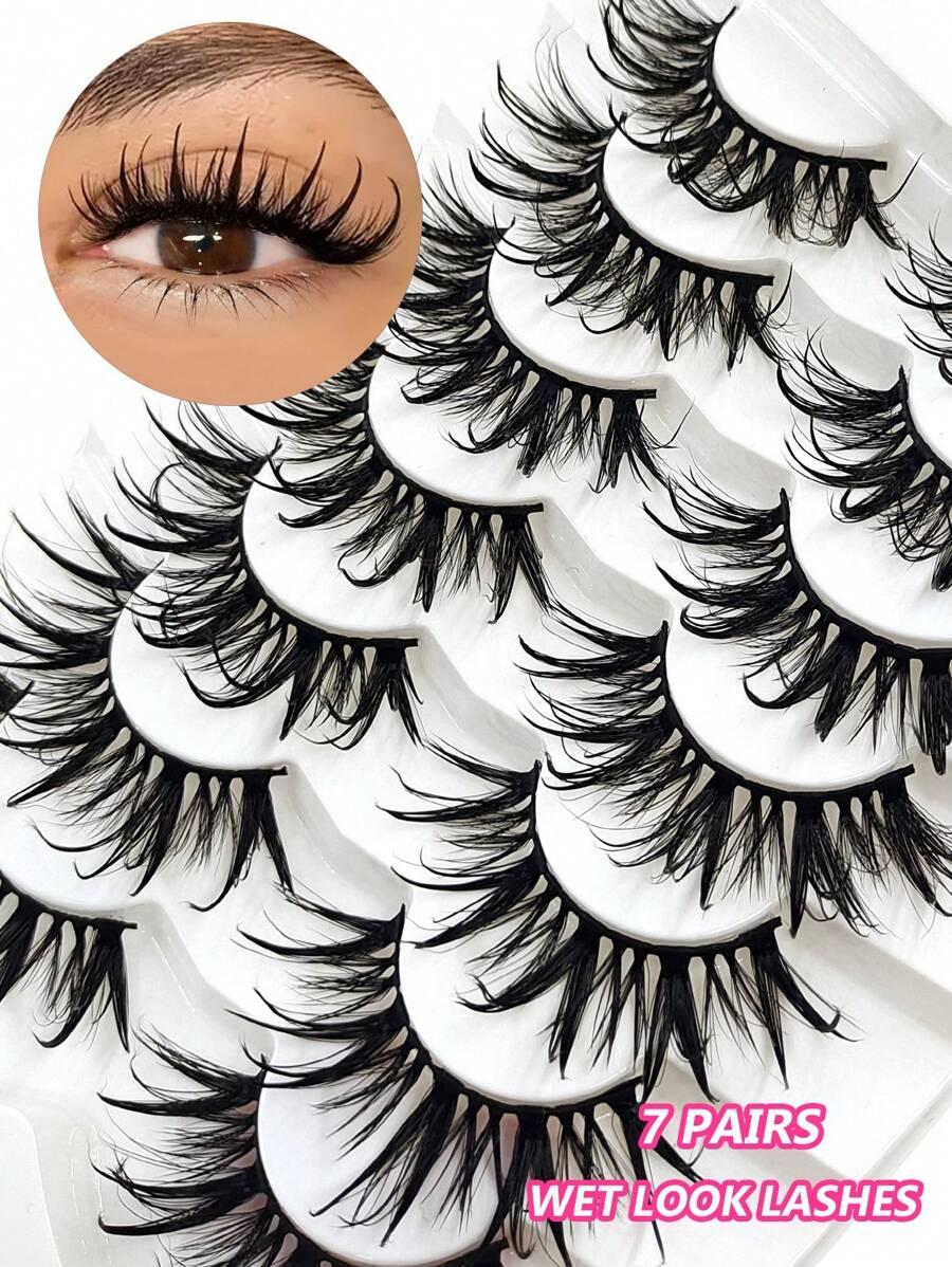 Asiteo 7 Pairs Exaggerated Cartoon Style False Eyelashes, Wet & Fluffy Thick Faux Mink, Reusable, Suitable For Cosplay Makeup - 尖尾漫畫款 - 查看 1