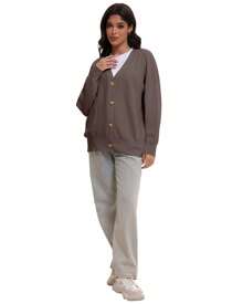 QGEMANWU Women Cardigan Sweater Fall Outfits Cloth Fashion Button Front Casual Tops - Nutmeg - View 5