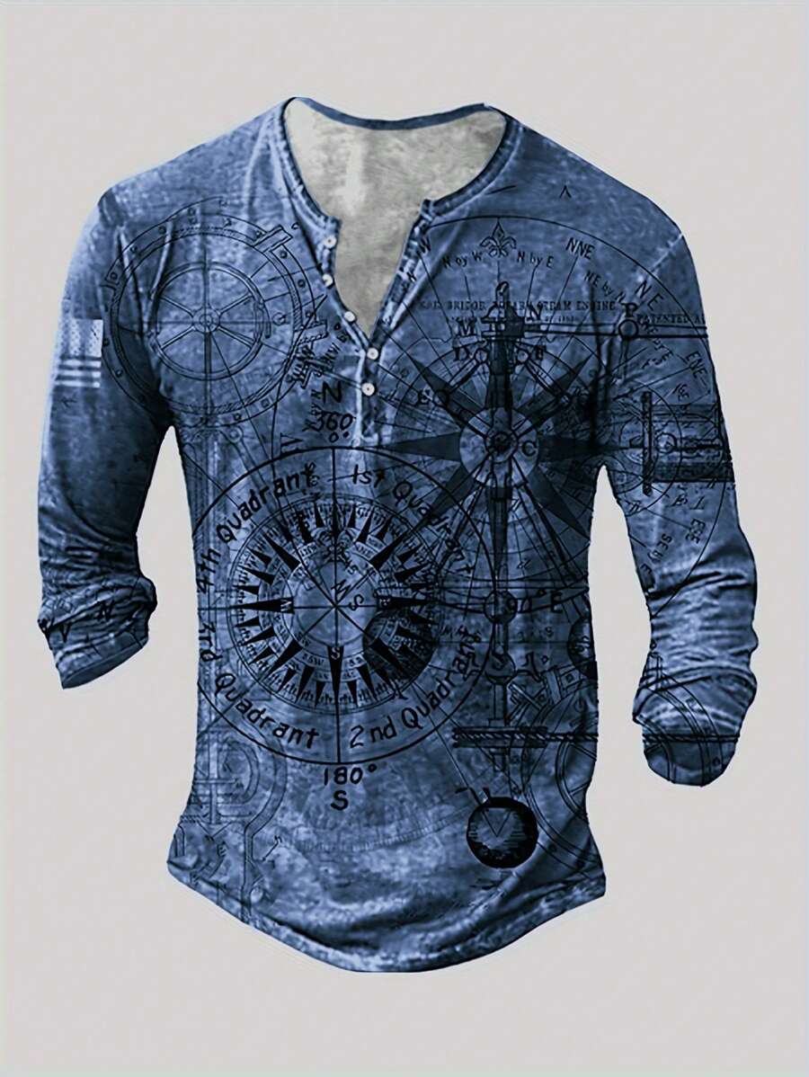 Áo thun nam cổ tròn tay dài in hình đồng hồ cổ điển, thời trang thường ngày cho mùa xuân và mùa thu, cho mùa thu - Màu xanh lam - Xem 1